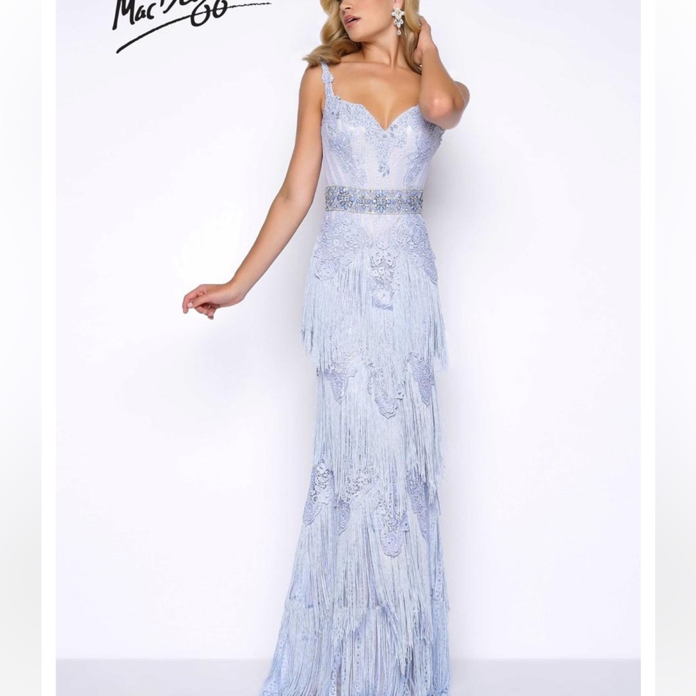 Mac Duggal size 2 Ice Blue Fringe Dress